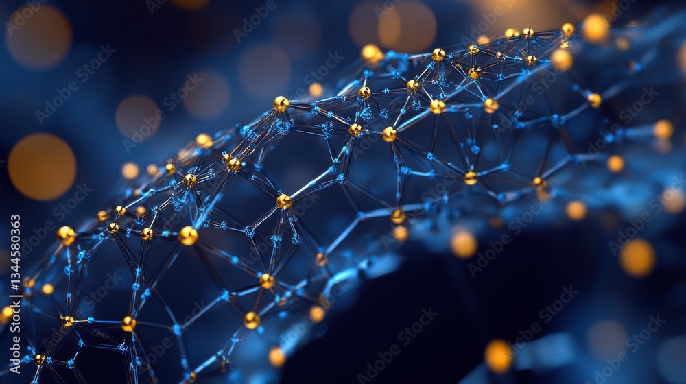 Poster Close-up abstract visualization of nanotechnology, microscopic circuit structures glowing in deep blue and gold, futuristic sci-fi background