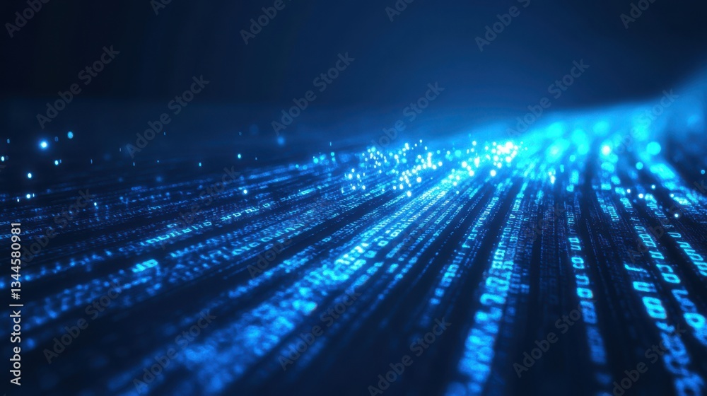 Poster Futuristic digital data stream, glowing binary code flowing in a dark blue space, high-tech cyber background, neon light reflections, abstract technology concept