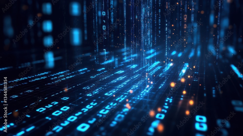 Poster Futuristic digital data stream, glowing binary code flowing in a dark blue space, high-tech cyber background, neon light reflections, abstract technology concept