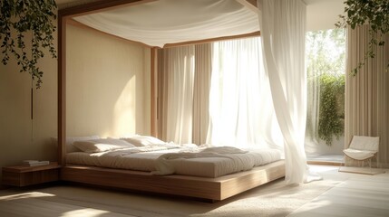 Ethereal offwhite chiffon curtains floating around a modern fourposter bed