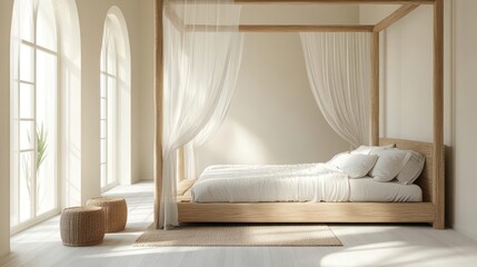 Ethereal offwhite chiffon curtains floating around a modern fourposter bed