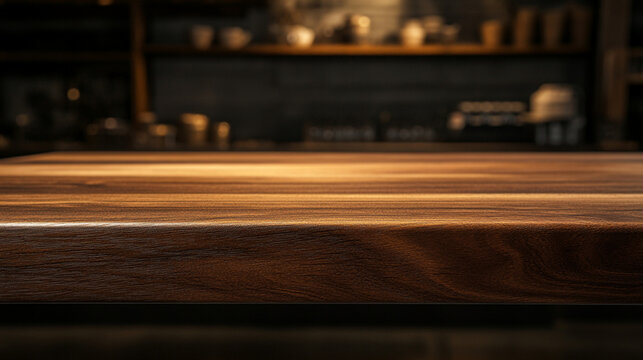 Dark wooden table top with blurred background of a coffee shop or bar interior. 