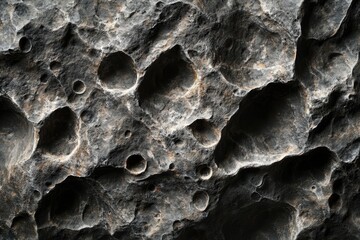 Close-up view of a textured, rocky surface with craters.  The surface is dark gray and light gray with varying depths and sizes of craters