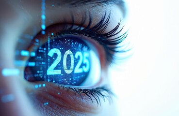 Close-up eye with 2025 reflection on cornea surrounded by digital data, tech patterns, blue tones. Futuristic cyber vision of innovation, digital transformation, modern technology concept. Perfect
