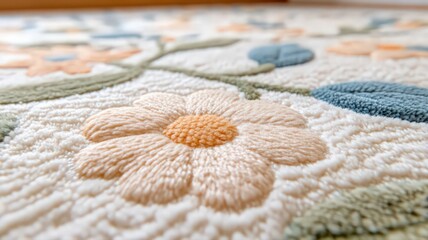 Close Up Pastel Embroidered Flowers on Fluffy White Fabric