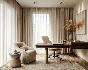 Sheer flowing curtains with geometric patterns in a neutral minimalist home office