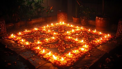 A symmetrical arrangement of candles on a decorated surface