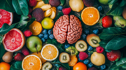 Brain surrounded by various fruits, symbolizing the concept of healthy living, nutritious diet, and the benefits of eating wholesome foods for mental and physical well-being