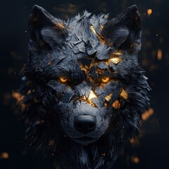A detailed portrait of a wolf with golden illuminated cracks