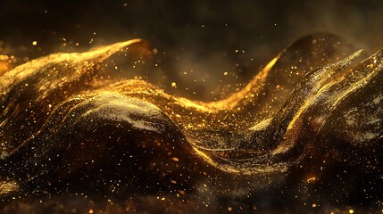 Wavy gold dust design, particle flow on dark backdrop for backgrounds, ads, or arts