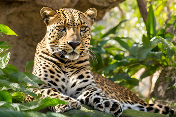Naklejka premium Majestic Leopard Resting on a Tree Branch in the Wild