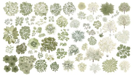 Trees top view for garden plan in white background