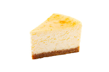 Piece of New York cheesecake isolated on white background. Close up.