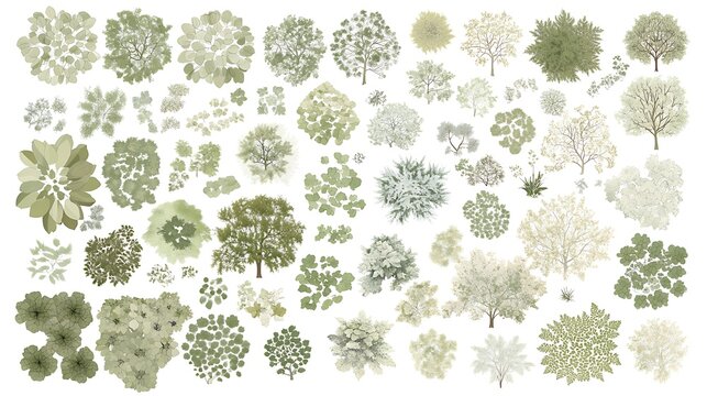 Trees top view for garden plan in white background