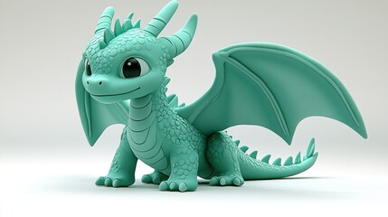 Fototapeta premium Cute teal dragon figurine, studio shot, light background, possible use for children's book illustration