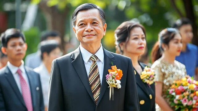 Leadership Portrait: Distinguished gentleman in formal attire, surrounded by his admiring team, embodies leadership and confidence. A moment of dignity and influence captured.