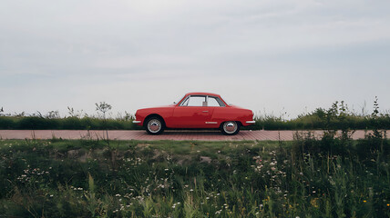Fototapeta premium Vintage red car parked on a country road Tranquil classic roadside scene
