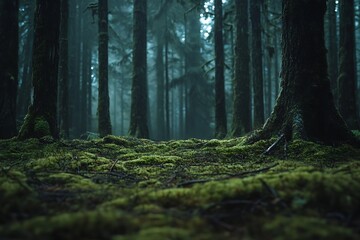 Moss-covered forest floor in a misty, dark evergreen wood. Tall trees create a mysterious atmosphere.