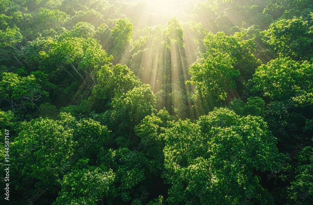 Poster sunlight streaming between verdant tree branches, casting dappled shadows across lush woodland floor
