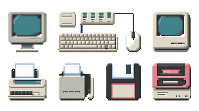 Retro pixel art computer peripherals Vintage tech icons Classic 80s 90s style