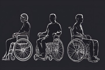 Obraz premium Three individuals in wheelchairs, depicted in a minimalist line art style.