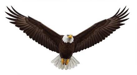 Fototapeta premium Majestic Bald Eagle in Flight - A powerful bald eagle with wings outstretched, soaring against a white background. Symbol of freedom and strength