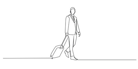 one continuous line drawing of man going on business trip.one line drawing of business man pulling suitcase at airport.single line vector illustration.isolated on white background