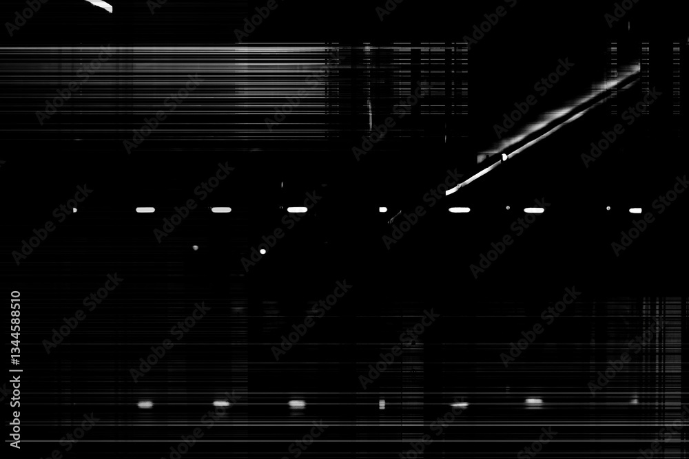 Poster a screen display glitch with scan lines in black and white abstract background