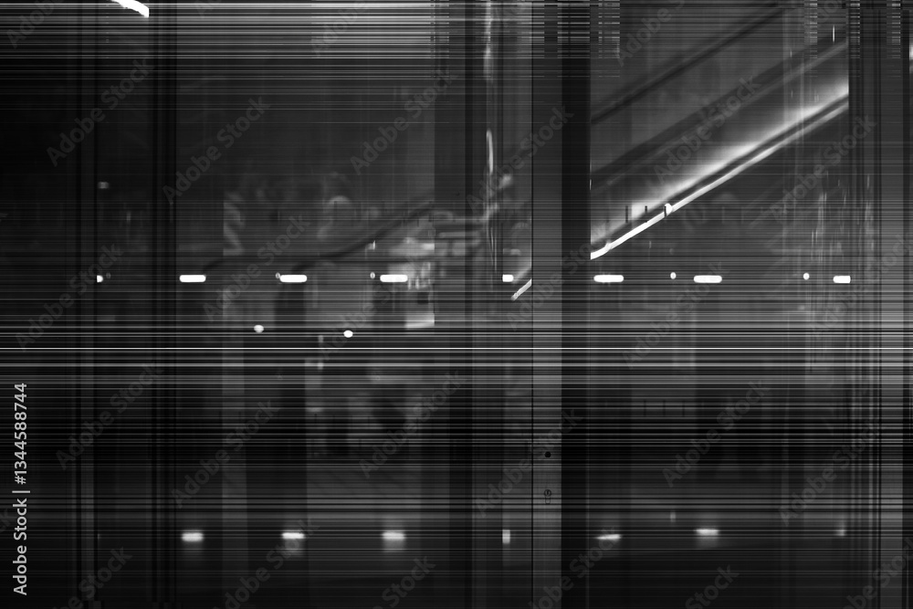 Poster shop window display with scan lines and glitch effect in black and white abstract background