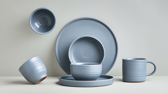 Gray stoneware dinnerware set modern minimalist studio shot