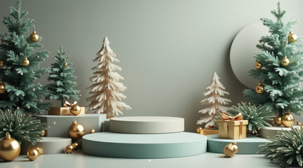 pastel green and gold christmas decor with artificial pine trees and gift boxes