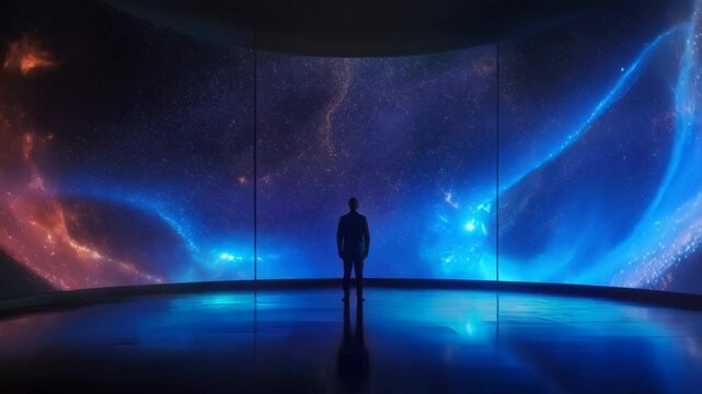 A lone figure stands in front of a massive curved digital screen displaying a cosmic explosion of color. Concept of digital art and immersive experience.
