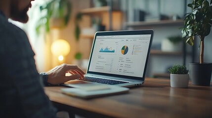 Man analyzing financial data. Person working on laptop with financial charts and statistics. Monitoring expenses, improving credit and managing loans responsibly. National Credit Education Month