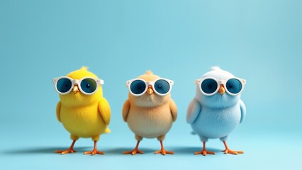 Fototapeta premium A group of three small birds wearing sunglasses on a blue background.