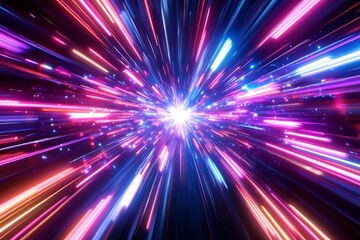Obraz premium A vibrant burst of neon light streaks across a dark cosmic background, creating a sense of exhilarating speed and boundless energy with a dazzling display of pink, blue, and orange hues.