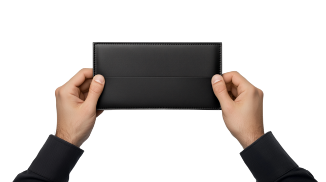 Hand Holding Black Wallet or Smartphone Case on Transparent Background