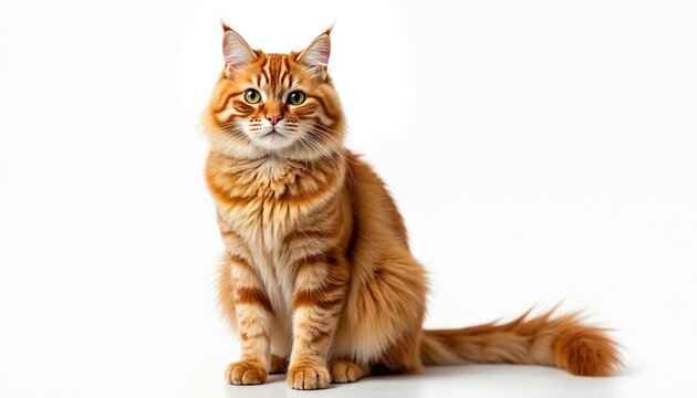 Funny orange tabby cat sits on transparent background. Cute fluffy kitten looks at camera, isolated pet portrait. Felino domestic mammal pedigreed animal is purebred breed.