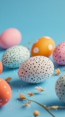 Pastel colored Easter eggs with polka dots on a blue background, perfect for spring holiday decorations or greeting cards