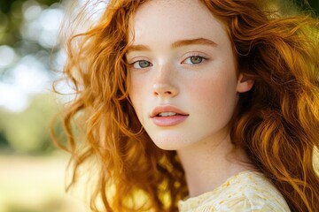 Fototapeta premium Young woman with flowing red hair gazes softly at the camera in a sunlit outdoor setting