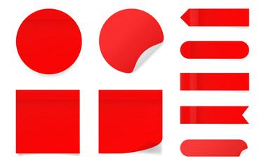 Red square and round paper stickers. Stick in notes.  Post it notes. Sheets of paper. Tag, sticky note. Pointed bookmarks