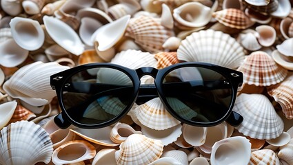 Obraz premium Sunglasses placed atop various seashells, creating a coastal and summery aesthetic