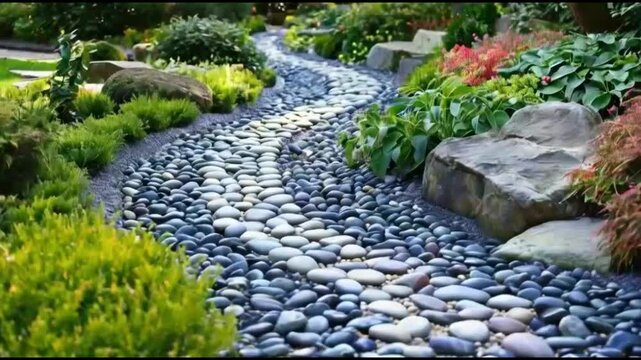 Curved stone pathway winding through landscaped garden
