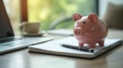 pink piggy bank on notebook with pen symbolizing financial planning