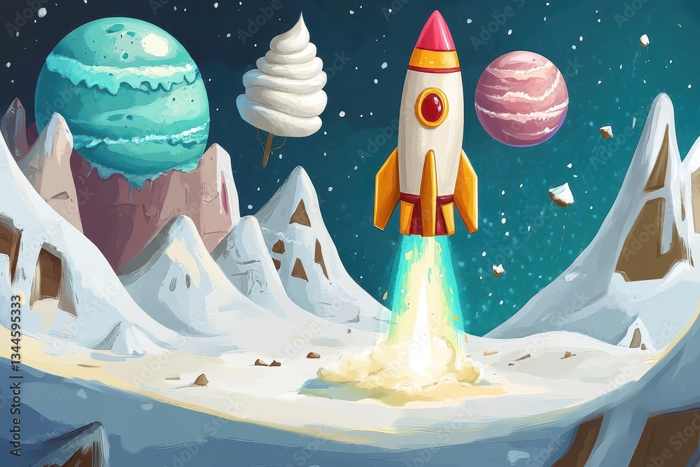 Sticker a rocket launching from a snowy planet with celestial bodies