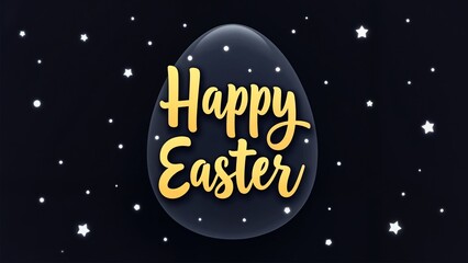 A black background with white stars and a black egg with the words "Happy Easter" written on it.