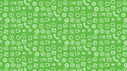 Seamless pattern of social media and communication icons on a green background. Minimalist black outline icons featuring hearts, phones, settings, cameras, and messages. Perfect for UI design.