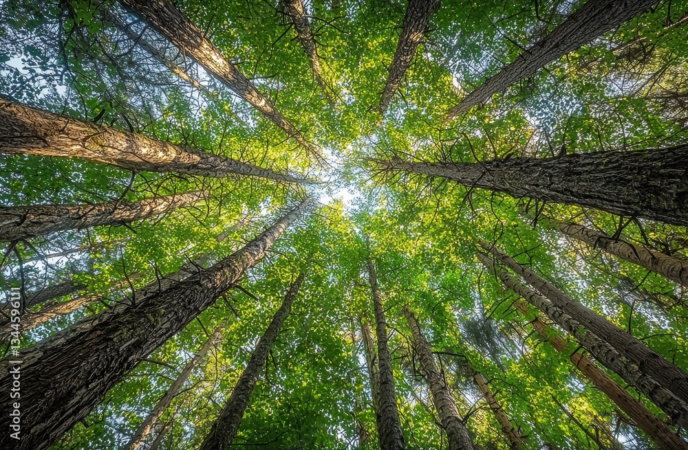 Aufkleber sunlight filtering through dense forest canopy, illuminating tall trees with vibrant green foliage f