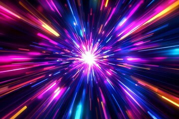 A vibrant explosion of neon light streaks through a cosmic tunnel, a dazzling display of energy and movement with bright, saturated colors.