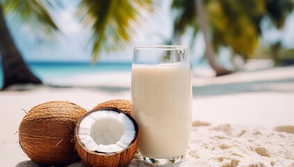 A glass of coconut milk on the beach with an open half coconut in front