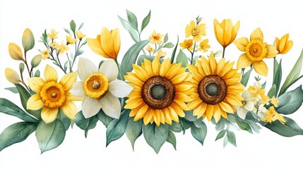 Naklejka premium Colorful Spring Floral Arrangement with Sunflowers, Daffodils, and Tulips for Easter Celebrations